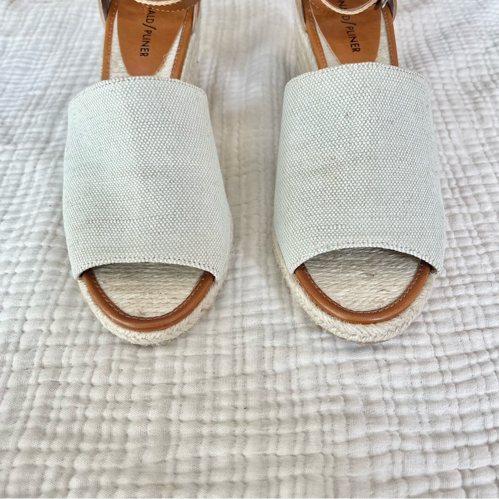 Donald J. Pliner Tan Leather and Cream Canvas Wedge Sandals - Picture 3 of 9